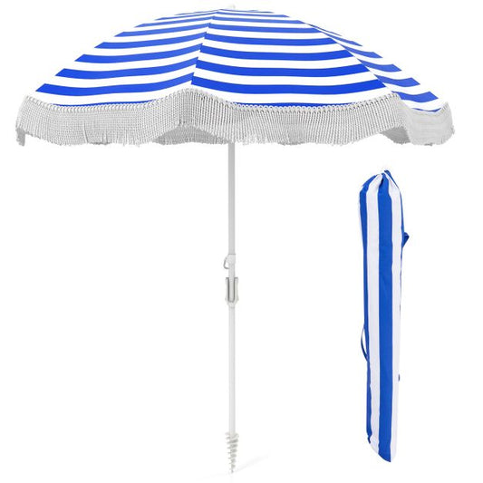 180 cm Outdoor Fringe Patio Umbrella with Carrying Bag-Blue