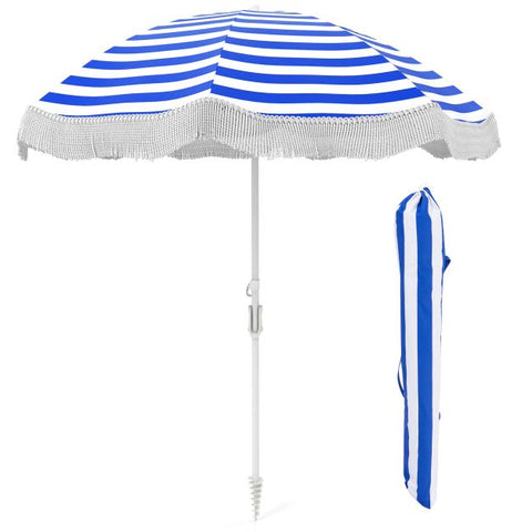 180 cm Outdoor Fringe Patio Umbrella with Carrying Bag-Blue