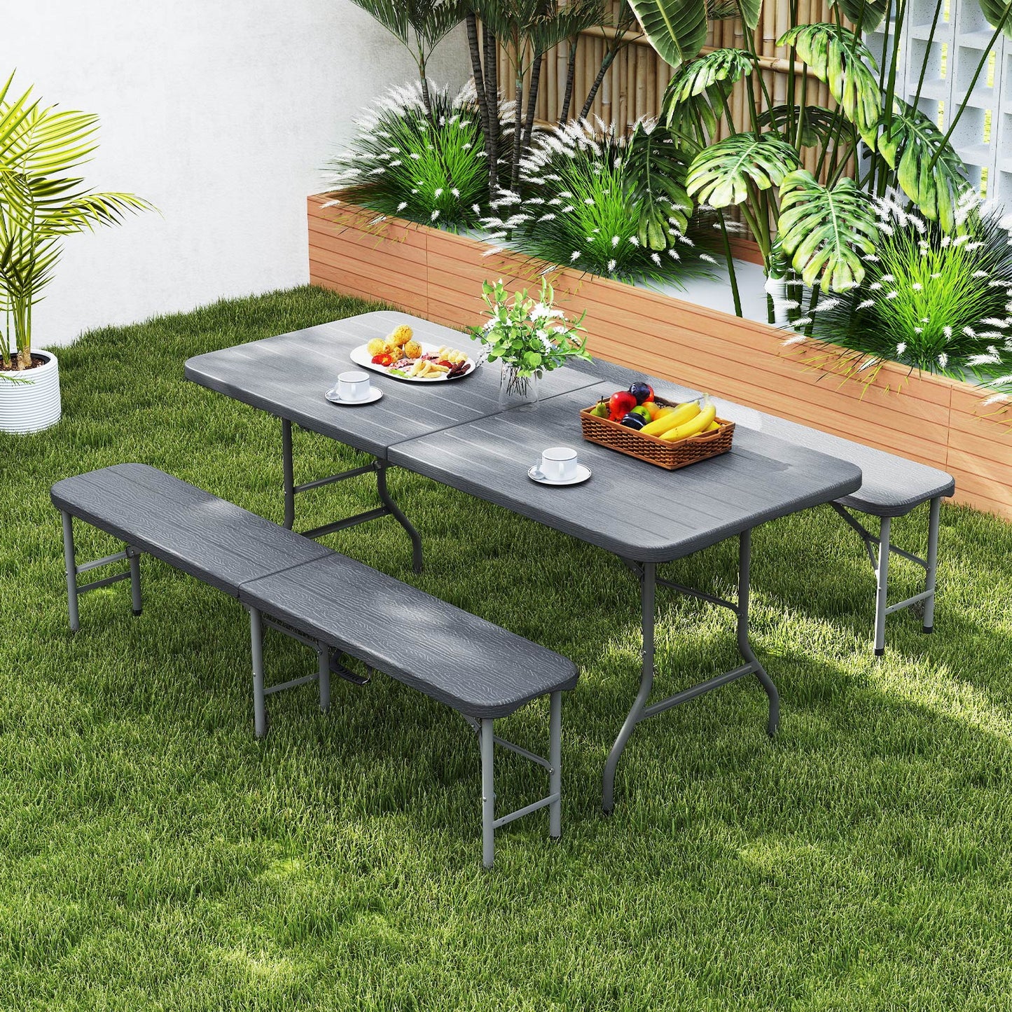 180cm Plastic Folding Bench with 300 kg Capacity and Handle Lock-Grey