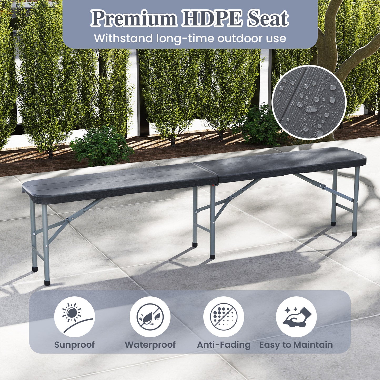 180cm Plastic Folding Bench with 300 kg Capacity and Handle Lock-Grey
