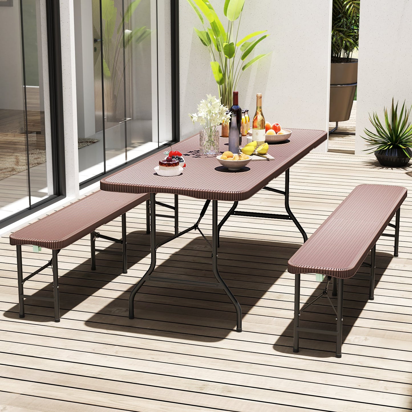 180cm Folding Table with Rattan-Like HDPE Tabletop and Safe Lock Mechanism-Coffee