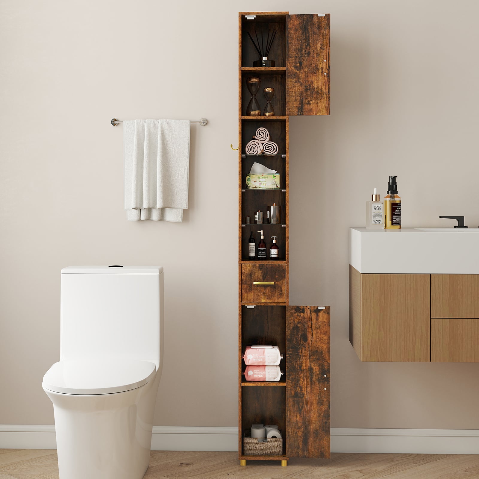 180 cm Tall Bathroom Cabinet Narrow Storage Organizer with 3 Doors and Adjustable Shelves-Rustic Brown