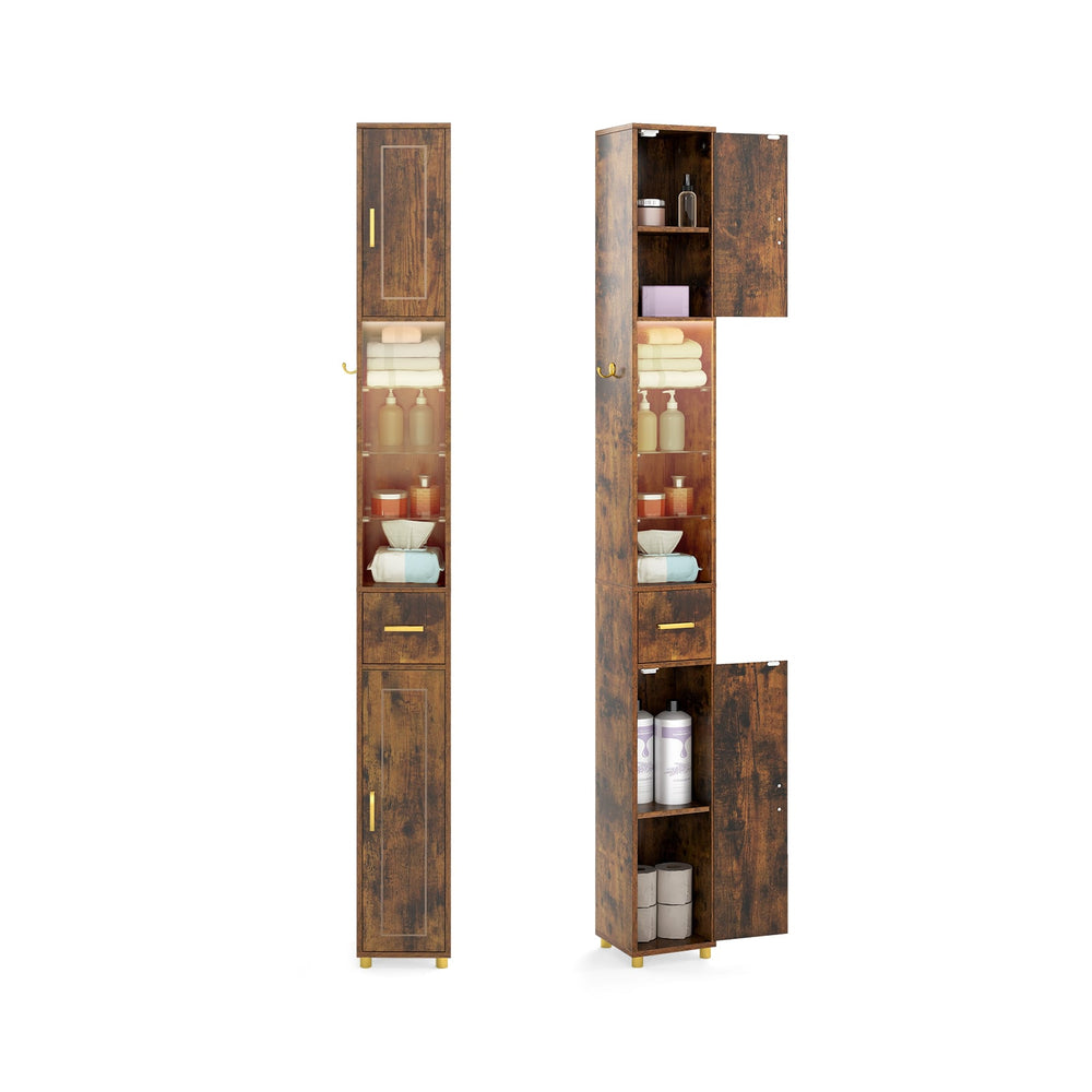 180 cm Tall Bathroom Cabinet Narrow Storage Organizer with 3 Doors and Adjustable Shelves-Rustic Brown