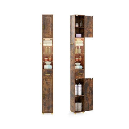180 cm Tall Bathroom Cabinet Narrow Storage Organizer with 3 Doors and Adjustable Shelves-Rustic Brown