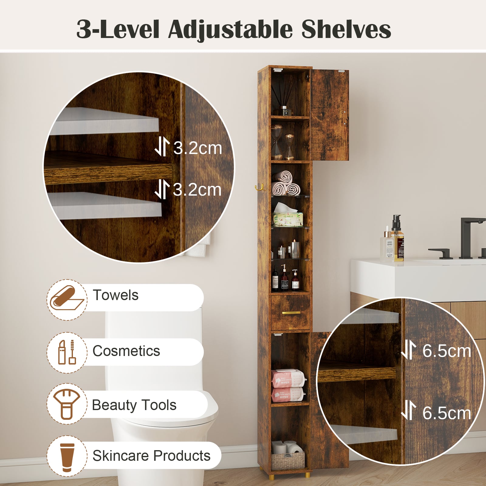 180 cm Tall Bathroom Cabinet Narrow Storage Organizer with 3 Doors and Adjustable Shelves-Rustic Brown