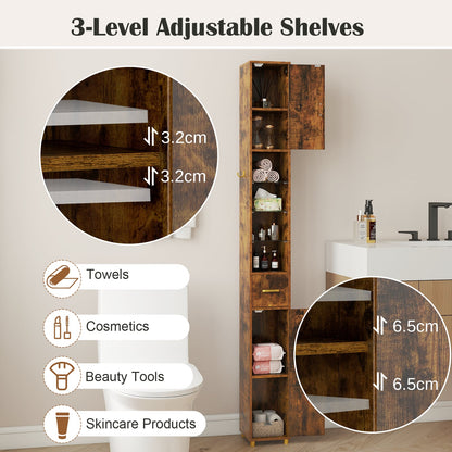 180 cm Tall Bathroom Cabinet Narrow Storage Organizer with 3 Doors and Adjustable Shelves-Rustic Brown