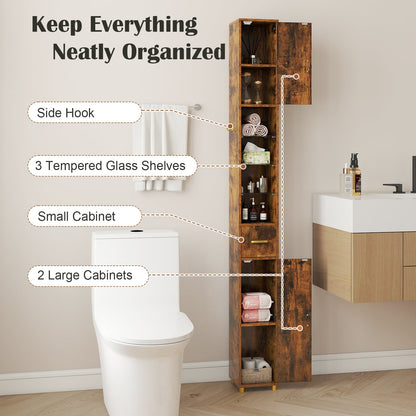 180 cm Tall Bathroom Cabinet Narrow Storage Organizer with 3 Doors and Adjustable Shelves-Rustic Brown