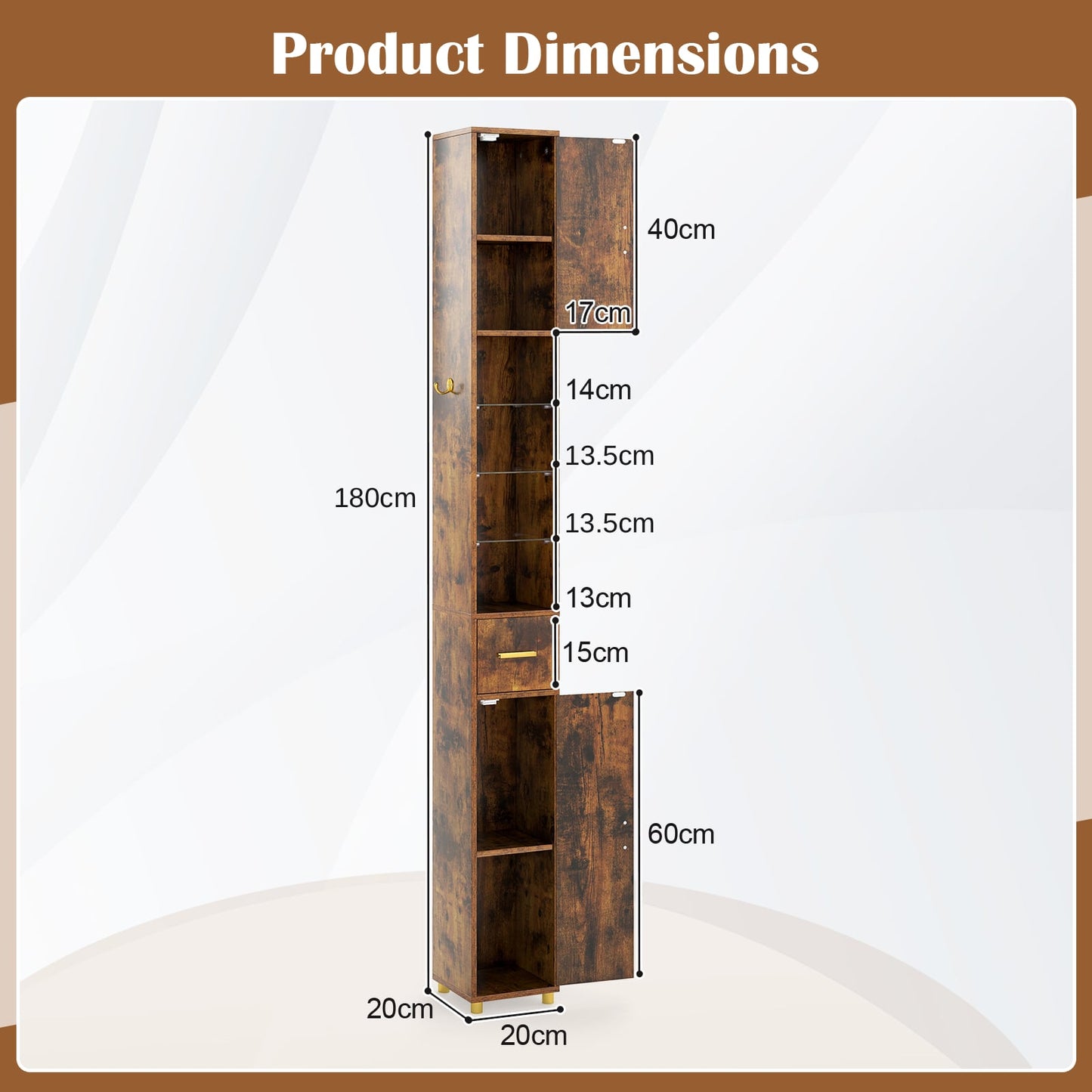 180 cm Tall Bathroom Cabinet Narrow Storage Organizer with 3 Doors and Adjustable Shelves-Rustic Brown