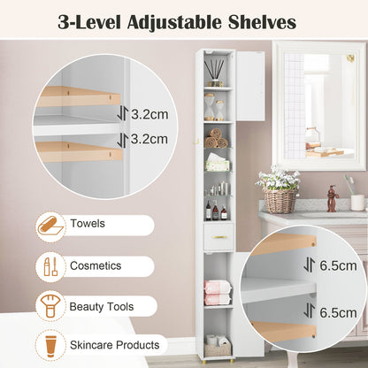 180 cm Tall Bathroom Cabinet Narrow Storage Organizer with 3 Doors and Adjustable Shelves-White