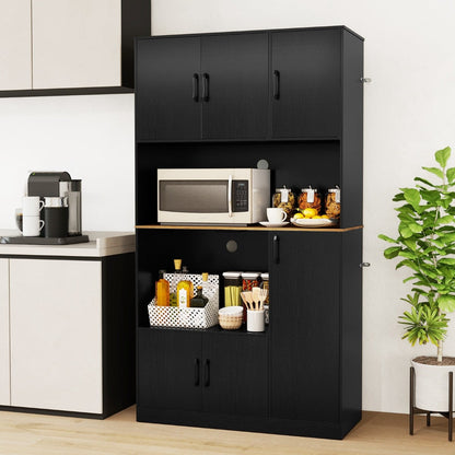 180 cm Tall Pantry Cabinet with Power Outlet and Microwave Stand-Black