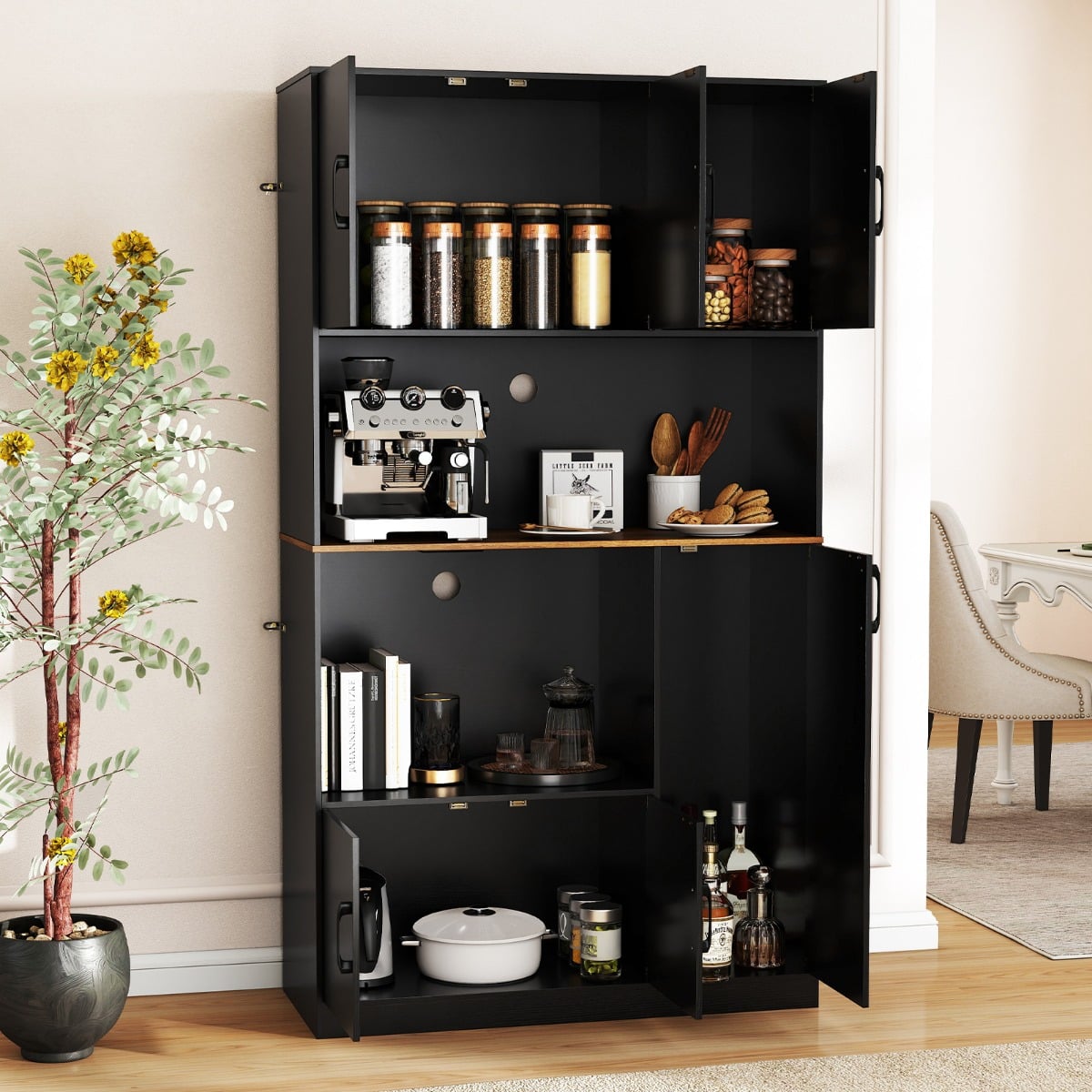 180 cm Tall Pantry Cabinet with Power Outlet and Microwave Stand-Black