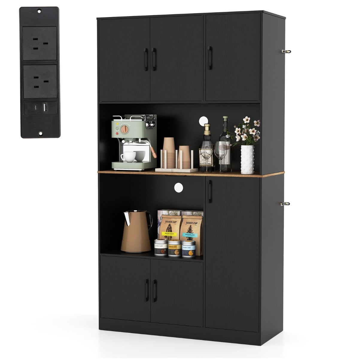 180 cm Tall Pantry Cabinet with Power Outlet and Microwave Stand-Black