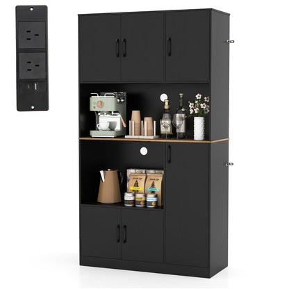 180 cm Tall Pantry Cabinet with Power Outlet and Microwave Stand-Black