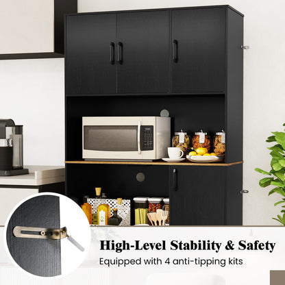 180 cm Tall Pantry Cabinet with Power Outlet and Microwave Stand-Black