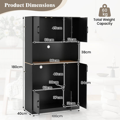 180 cm Tall Pantry Cabinet with Power Outlet and Microwave Stand-Black
