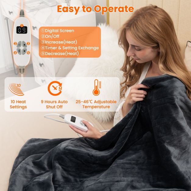 180 x 130 CM Electric Heated Throw Blanket with 10 Heat Settings-Grey