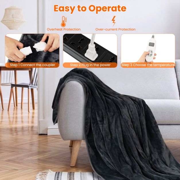 180 x 130 CM Electric Heated Throw Blanket with 10 Heat Settings-Grey