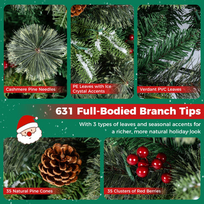 180cm Artificial Xmas Tree with Full Branch Tips Pine Needles Pine Cones Red Berries Lights