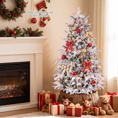 180cm Flocked Christmas Tree with Full Branch Tips LED Lights and Folding Metal Stand