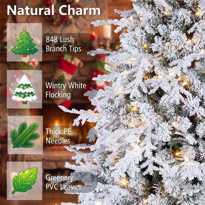 180cm Flocked Christmas Tree with Full Branch Tips LED Lights and Folding Metal Stand