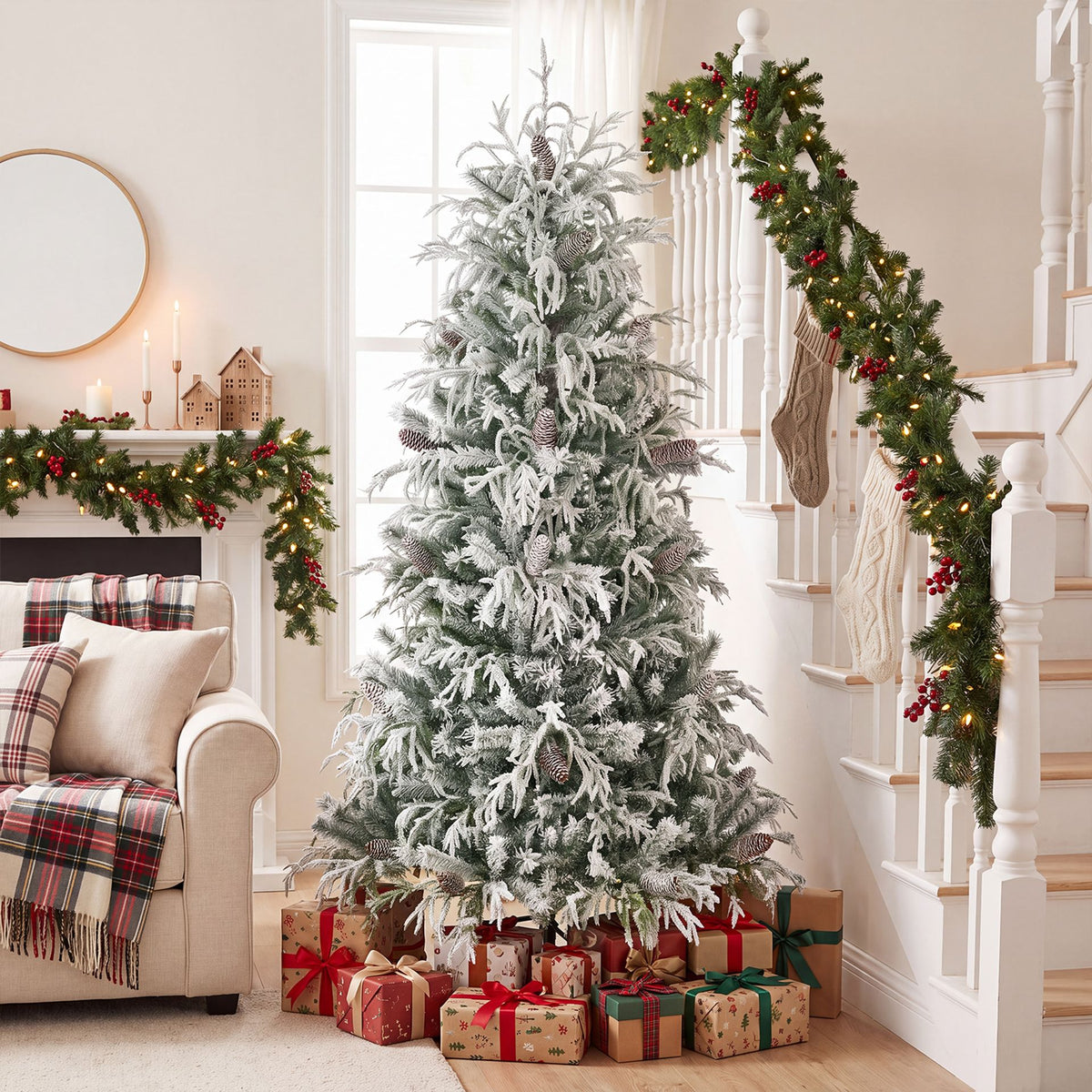 180cm Snow-Flocked Christmas Tree with Full Branch Tips and Natural Pine Cones Warm White LED Lights
