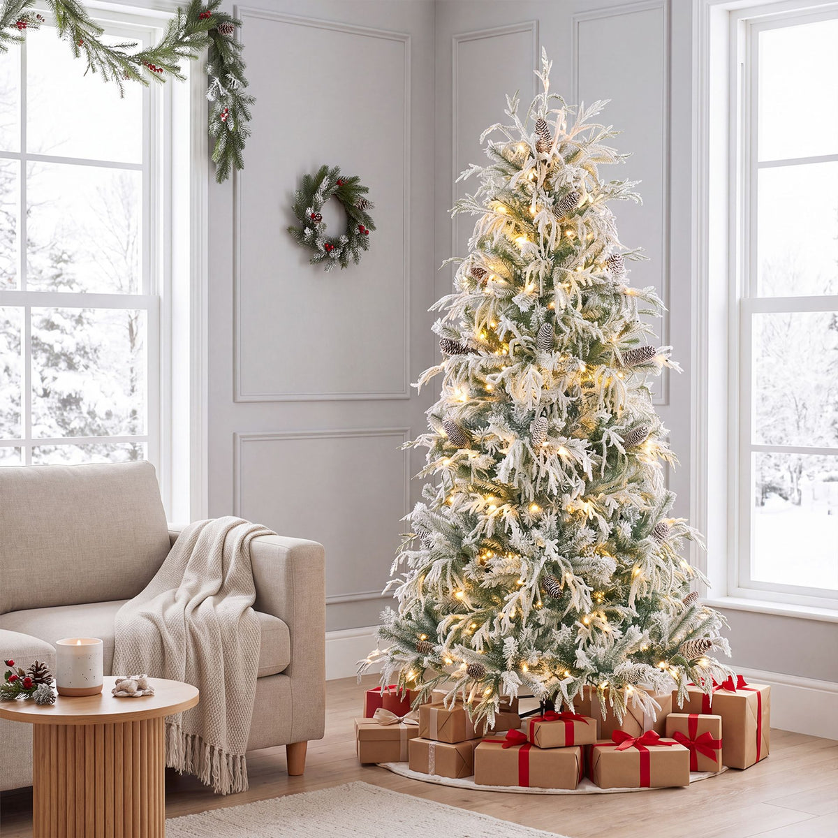 180cm Snow-Flocked Christmas Tree with Full Branch Tips and Natural Pine Cones Warm White LED Lights