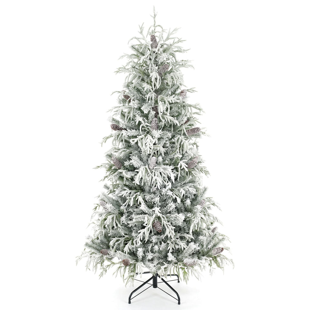 180cm Snow-Flocked Christmas Tree with Full Branch Tips and Natural Pine Cones Warm White LED Lights