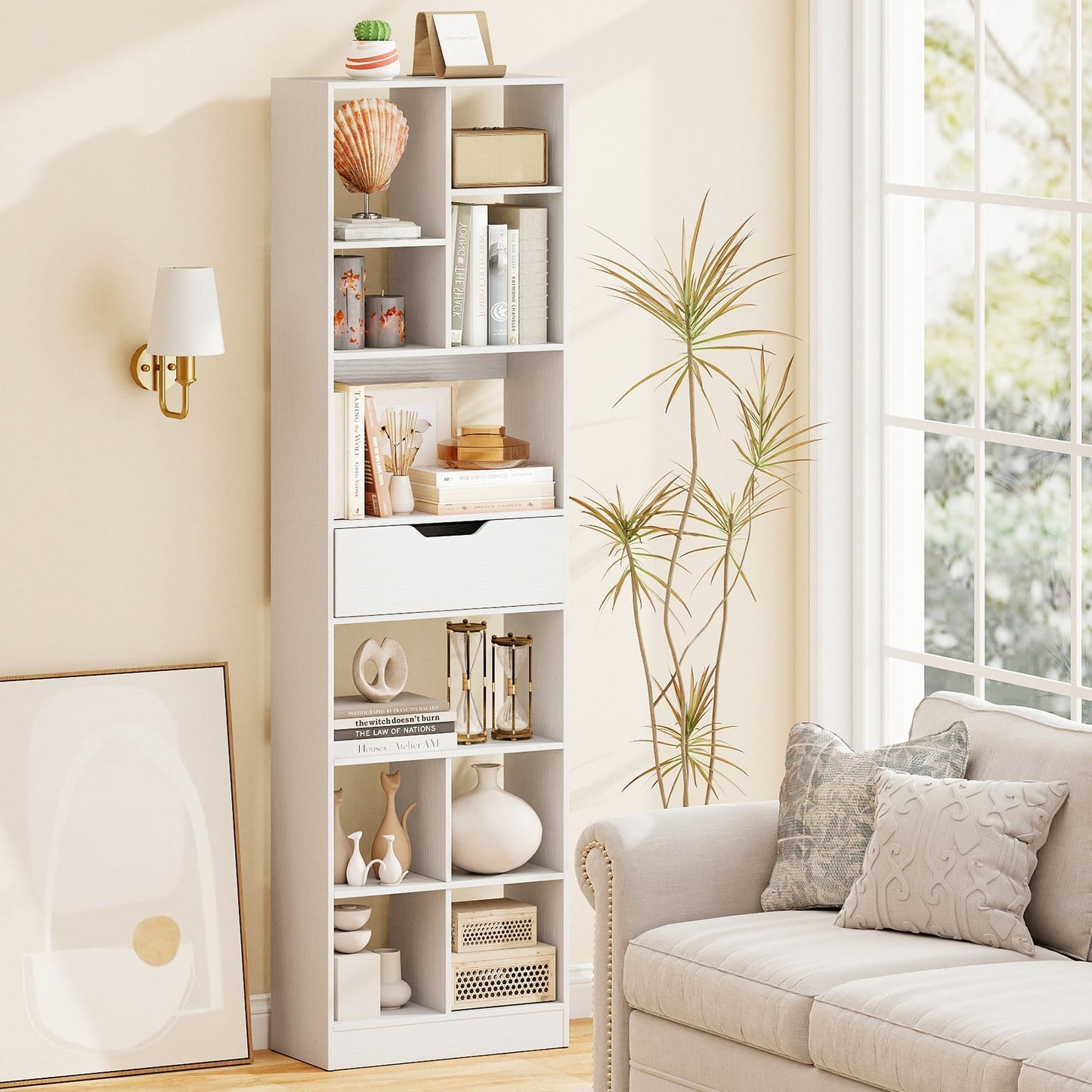 180cm Tall Bookcase with Drawer with 10 Cubesand Anti-tipping Kits for Living Room-White