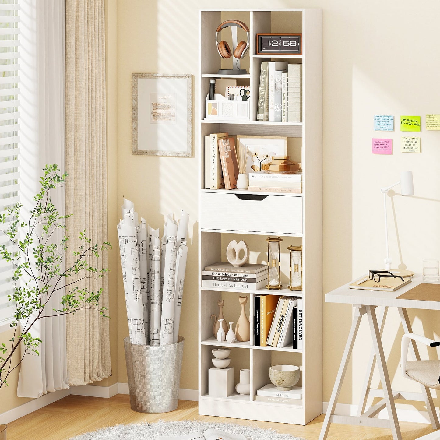 180cm Tall Bookcase with Drawer with 10 Cubesand Anti-tipping Kits for Living Room-White