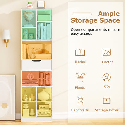 180cm Tall Bookcase with Drawer with 10 Cubesand Anti-tipping Kits for Living Room-White