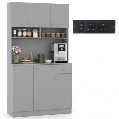 180cm Tall Pantry Cabinet with Outlets and Anti-Tipping Kits-Grey