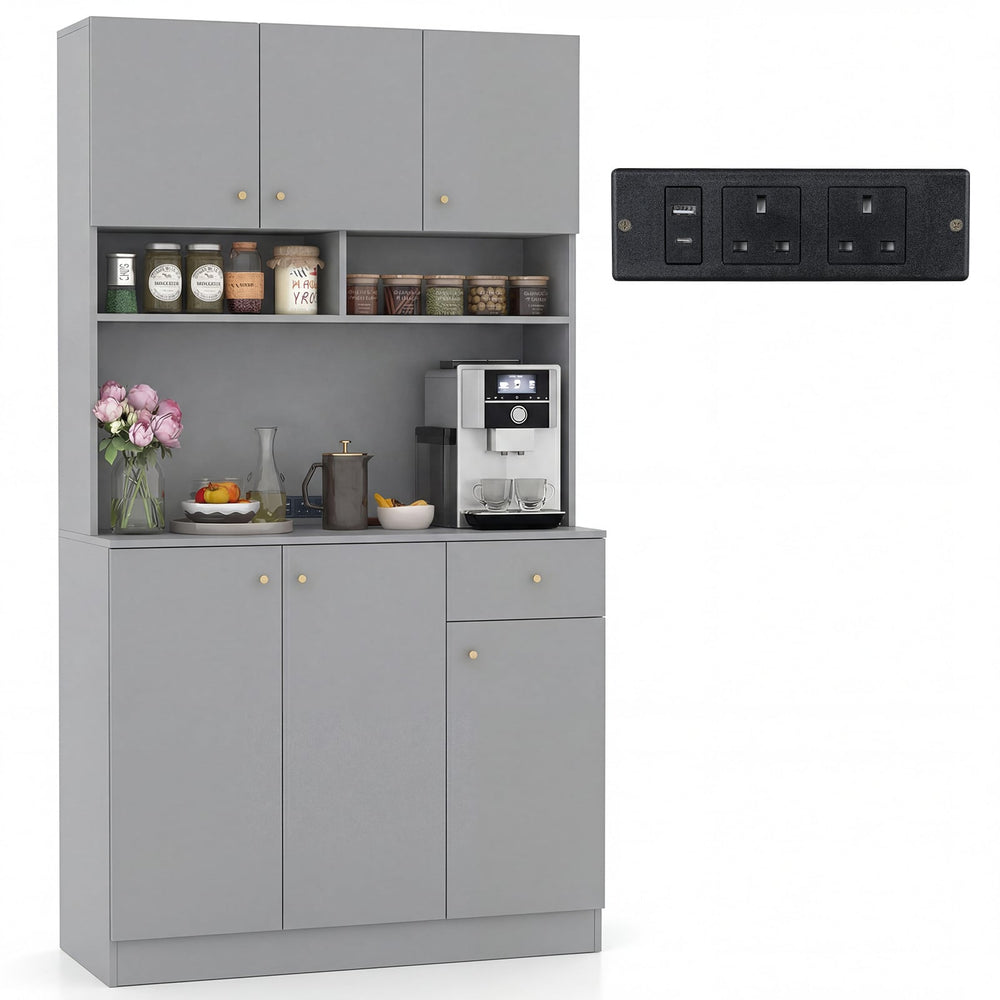 180cm Tall Pantry Cabinet with Outlets and Anti-Tipping Kits-Grey