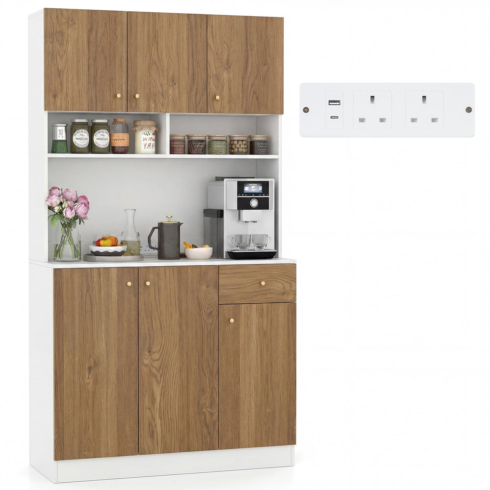 180cm Tall Pantry Cabinet with Outlets and Anti-Tipping Kits-Natural
