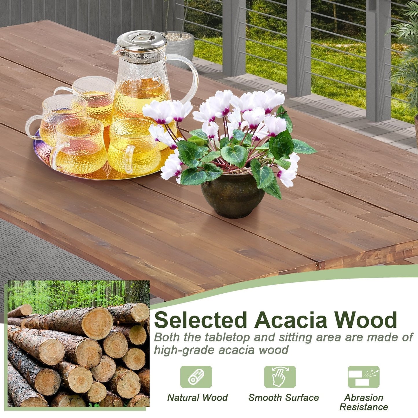 180cm Patio Picnic Table Bench Set with Acacia Wood Tabletop and Seat