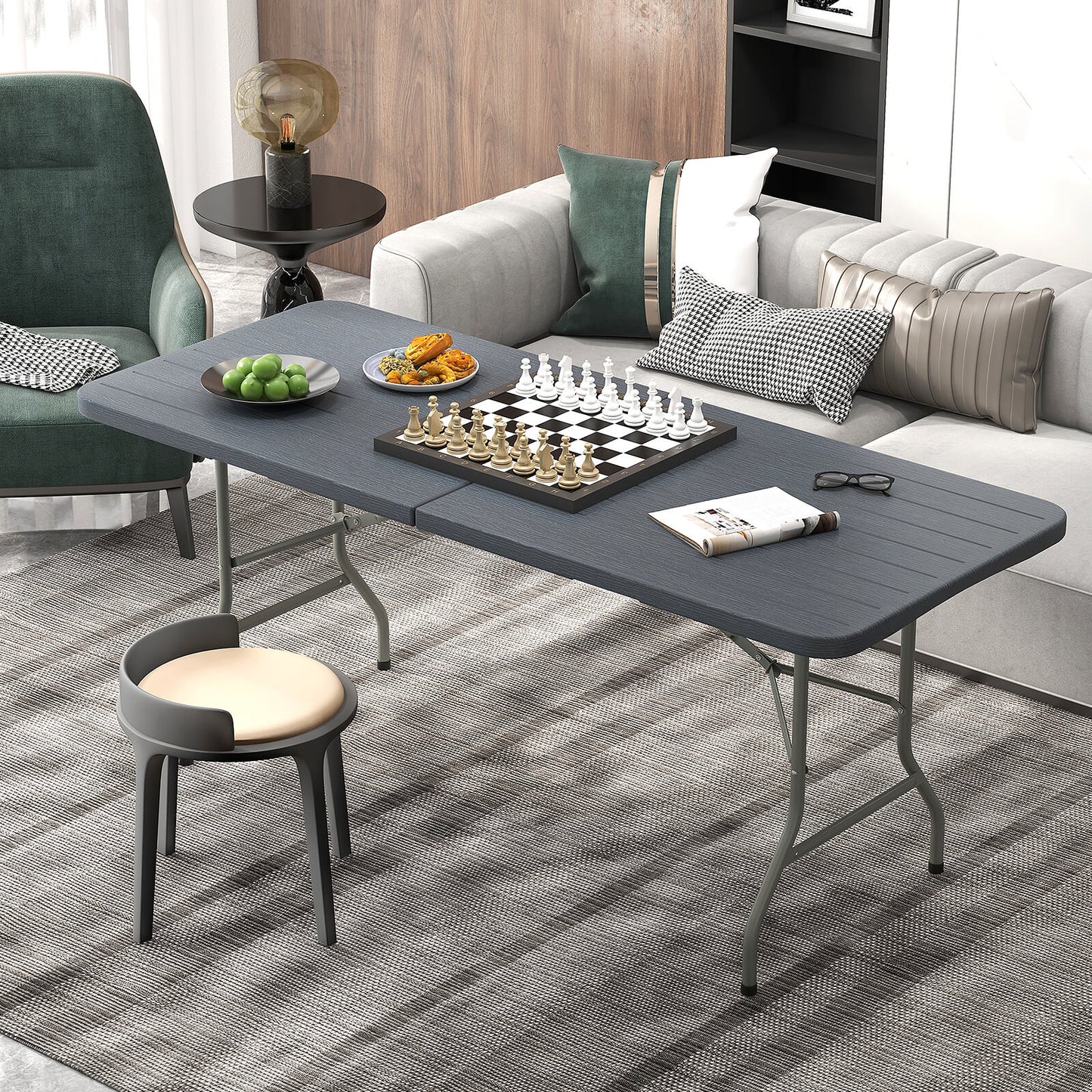 180 cm Portable Folding Table with Safe Lock and Carrying Handle-Grey