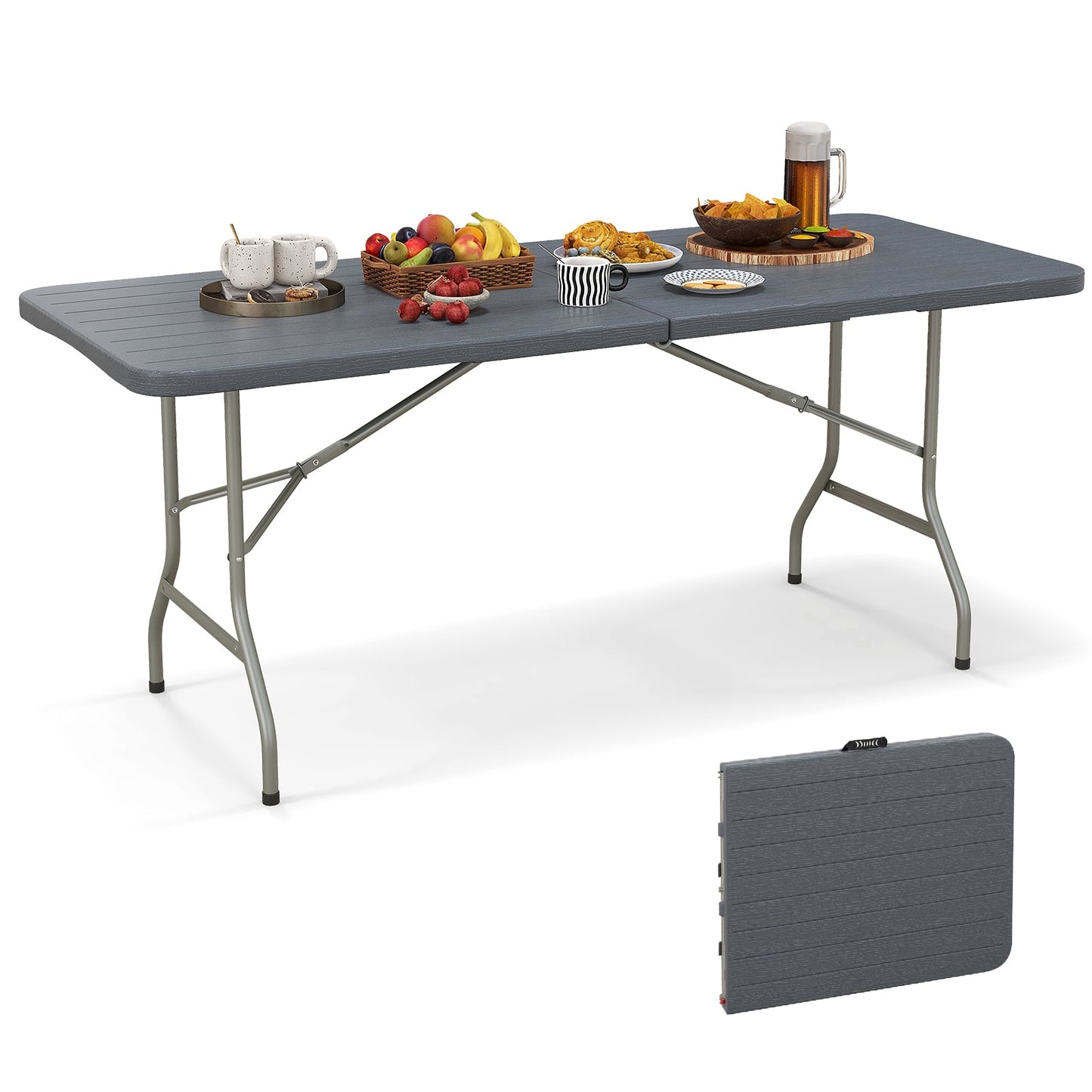 180 cm Portable Folding Table with Safe Lock and Carrying Handle-Grey