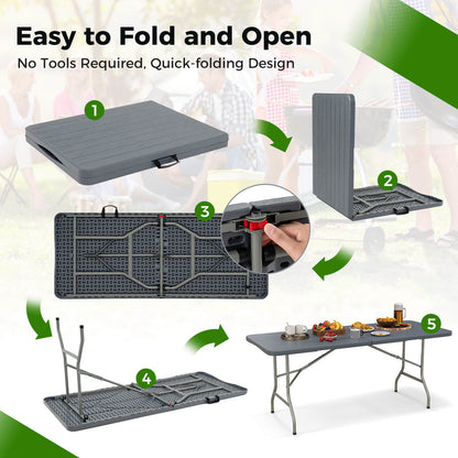 180 cm Portable Folding Table with Safe Lock and Carrying Handle-Grey