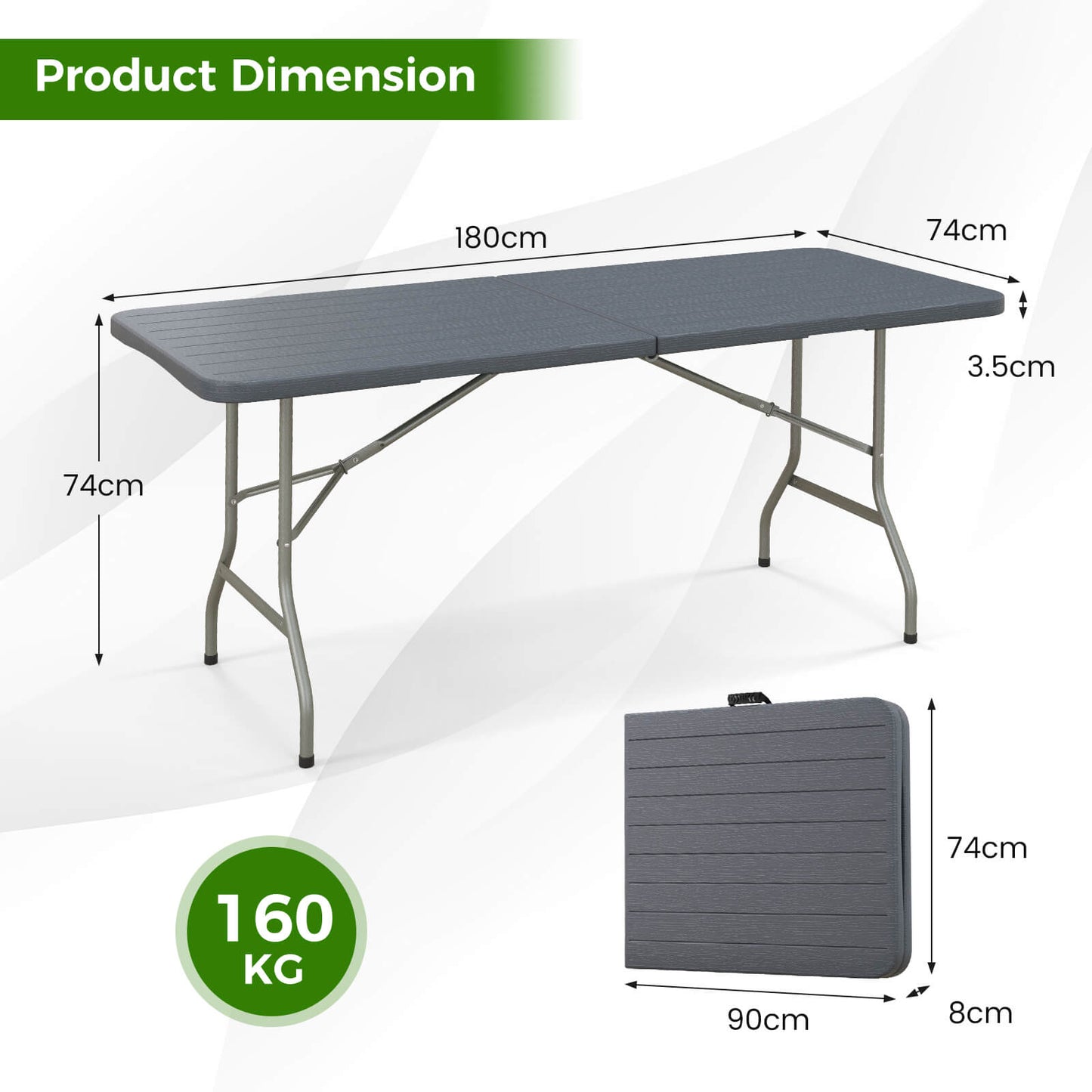 180 cm Portable Folding Table with Safe Lock and Carrying Handle-Grey
