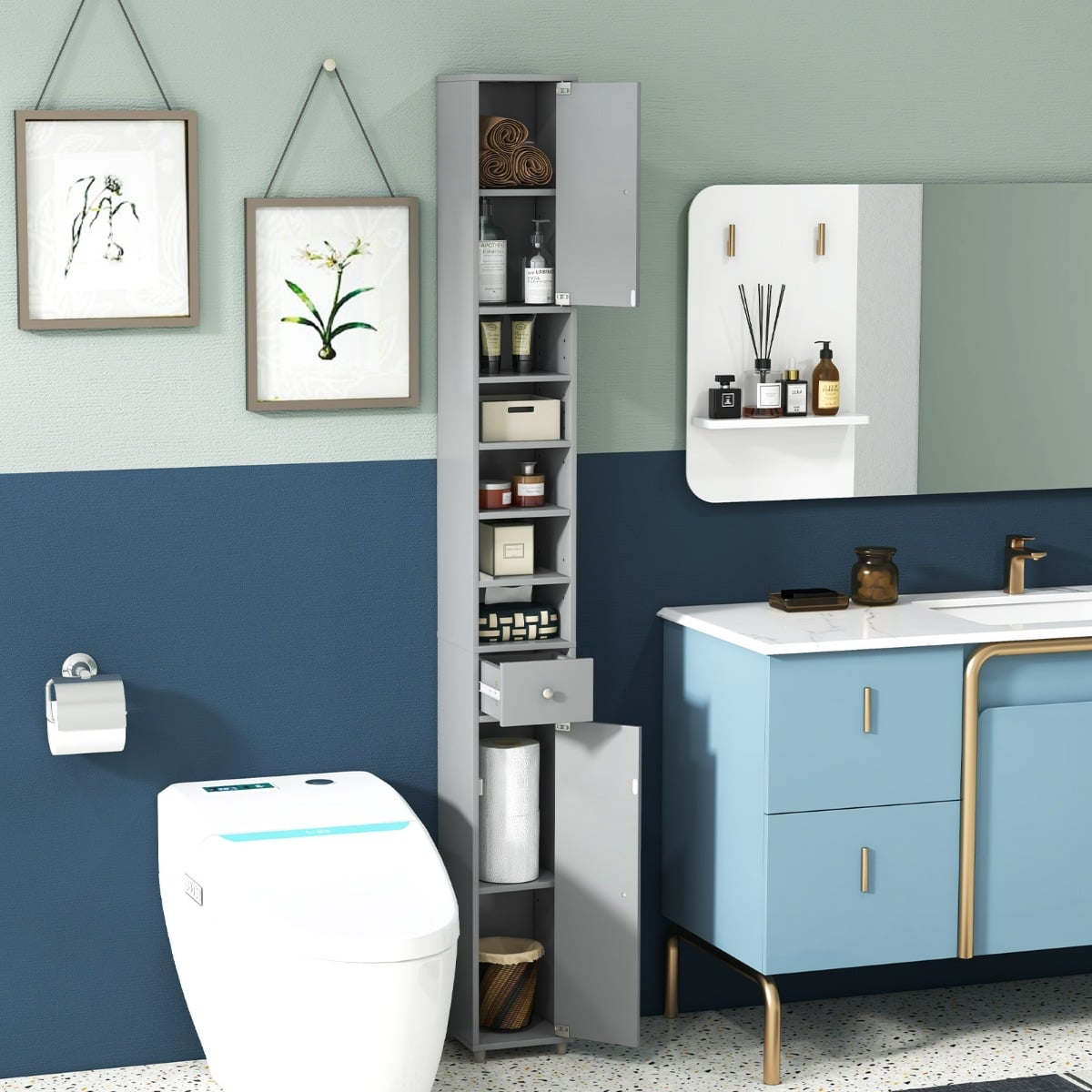 180CM Tall Freestanding Bathroom Cabinet with 2 Doors and 1 Drawer-Grey