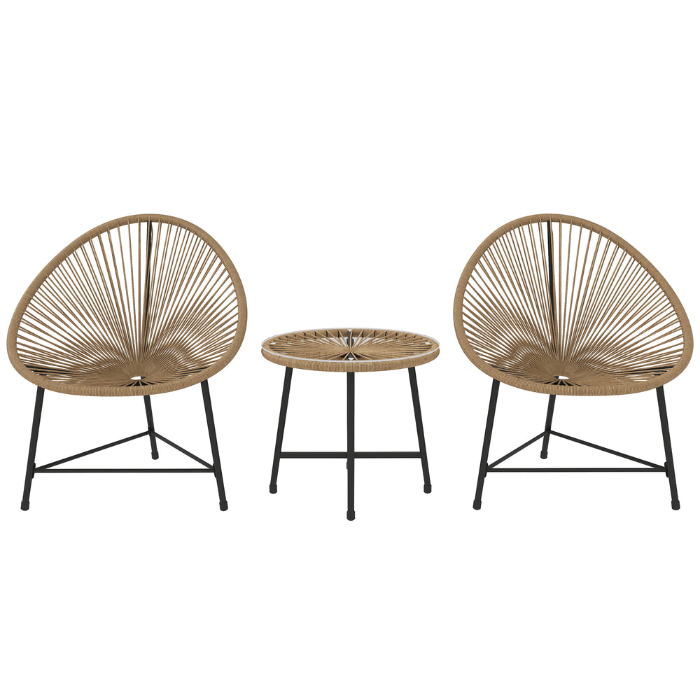 Outsunny 3 Pieces Rattan Bistro Set, Garden Bistro Set with Acapulco Chairs and Glass Top Table, Small Garden Furniture Set with Reinforced Metal Frame for Outdoor, Patio, Balcony, Natural