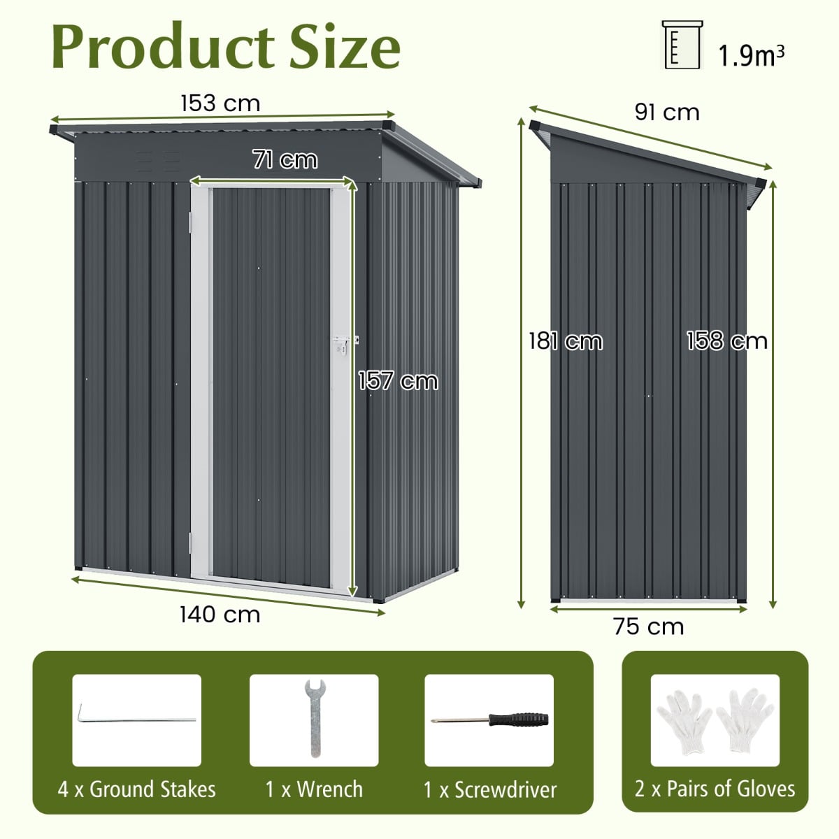 181 x 153 cm Outdoor Storage Shed with Sloped Roof 2 Vents and Lockable Door-Grey