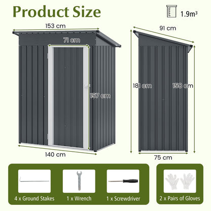 181 x 153 cm Outdoor Storage Shed with Sloped Roof 2 Vents and Lockable Door-Grey
