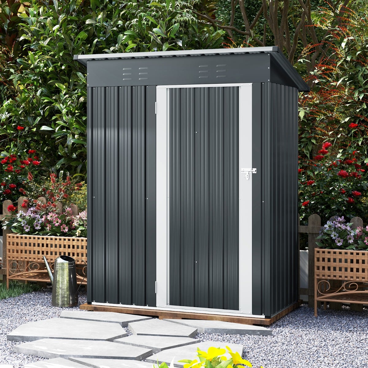 181 x 153 cm Outdoor Storage Shed with Sloped Roof 2 Vents and Lockable Door-Grey