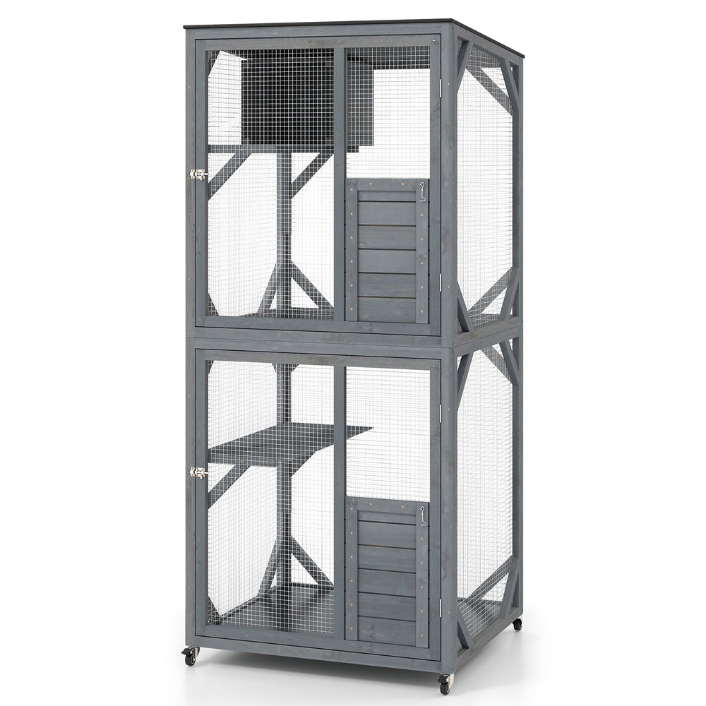 182.5 cm Large Outdoor Cat Enclosure on Wheels with 3 Platforms and Condo-Grey