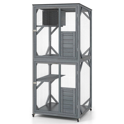 182.5 cm Large Outdoor Cat Enclosure on Wheels with 3 Platforms and Condo-Grey