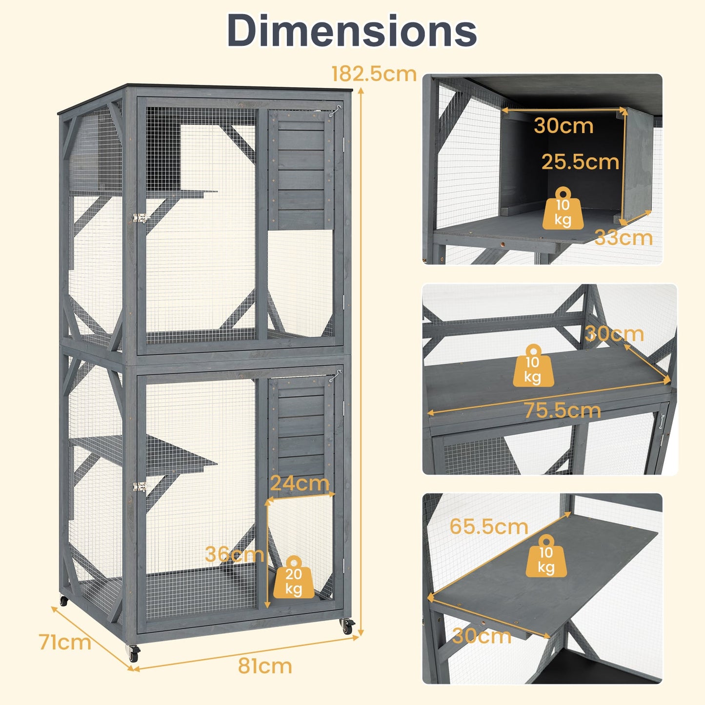 182.5 cm Large Outdoor Cat Enclosure on Wheels with 3 Platforms and Condo-Grey