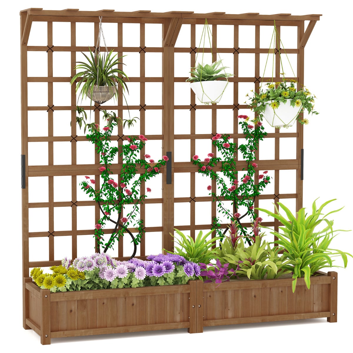 183 cm Tall Large Raised Garden Bed with Lattice Trellis Hanging Roof-Rustic Brown