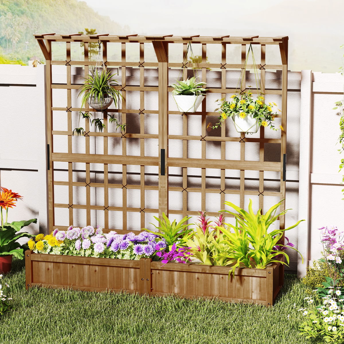 183 cm Tall Large Raised Garden Bed with Lattice Trellis Hanging Roof-Rustic Brown