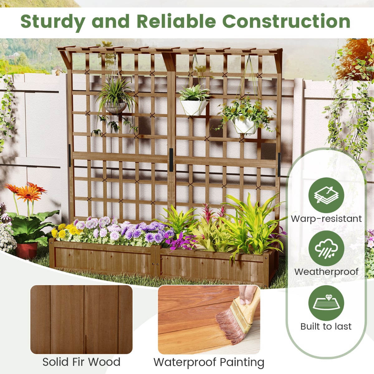 183 cm Tall Large Raised Garden Bed with Lattice Trellis Hanging Roof-Rustic Brown