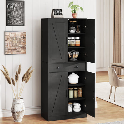 183cm Tall Kitchen Pantry with 4 Barn Doors and 3 Adjustable Shelves-Black